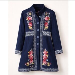 Johnny Was Floral Embroidered Cross Stitched Navy Cotton Military Jacket Medium